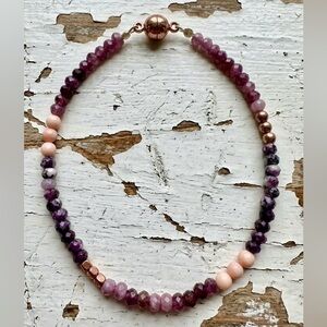 Simple Mauve Dyed Quartz & Coral Mother of Pearl Bracelet w/ Rose Gold Hematite